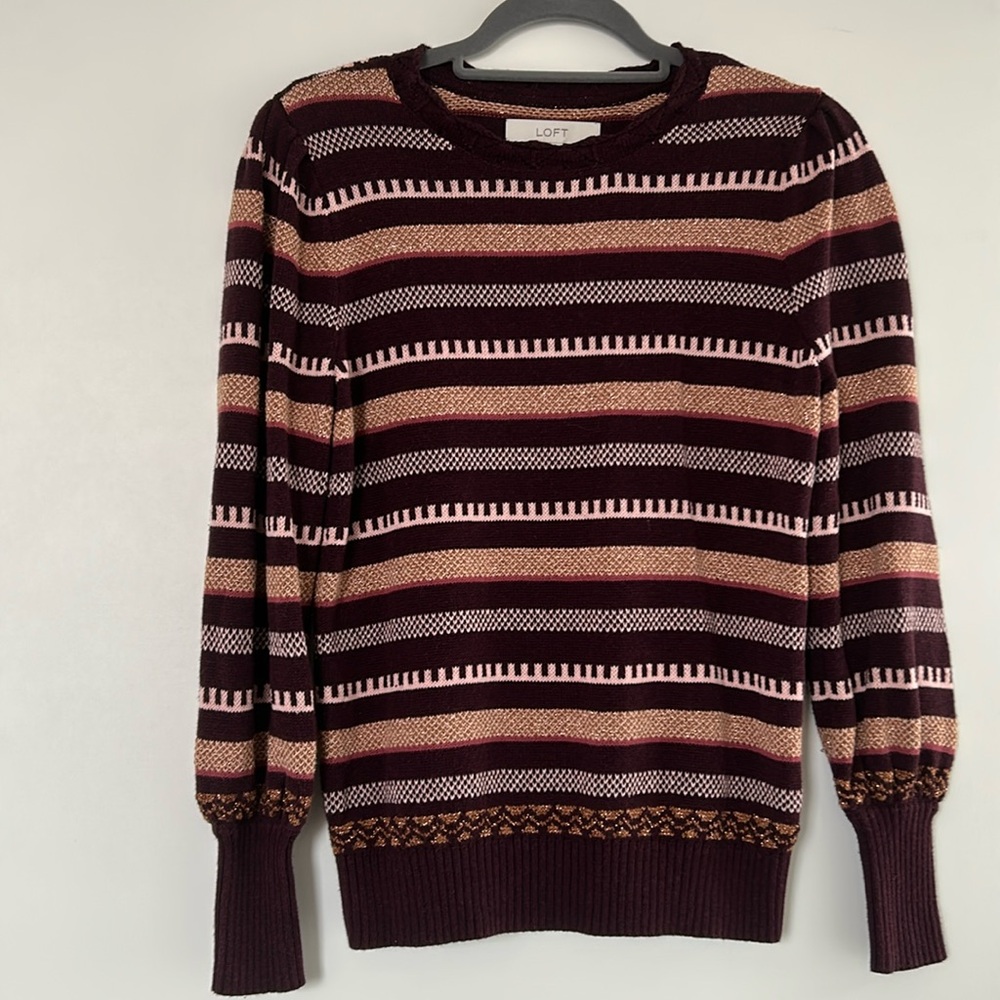Loft Burgundy Sweater with Gold Lurex Stripes M EUC